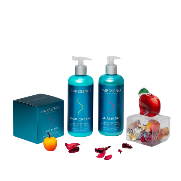 מארזי שי - מארז חגיגי HAIRSSENCE חומצה היאלורונית וקולגן שמפו+ מסכה+ קרם לשיער יבש, פגום וצבוע היירסנס מאת היירסנס Hairssence | | אידיאלית ל- הגנה מהשמש היירסנס מסכה לשיער קרם קרם לחות לשיער שמפו לשיער | מושלמת ל- {{ product_use_case }}