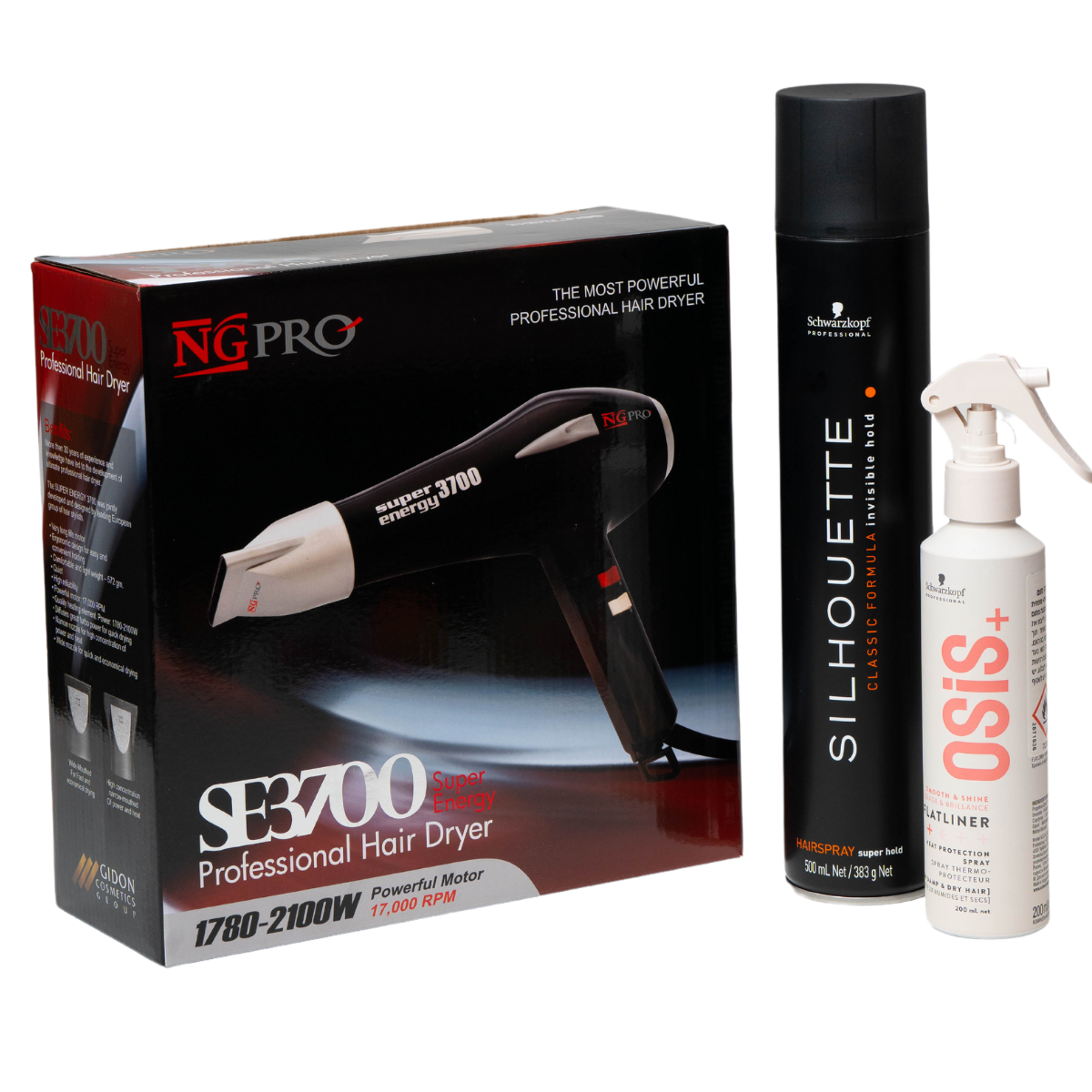 מארזי שי - מארז חגיגי הפן של גדעון ENERGY 3700+ ספריי הגנה מחום OSIS+ ספריי SILHOUETTE שוורצקופף מאת גדעון קוסמטיקס GIDON COSMETICS | | אידיאלית ל- גדעון קוסמטיקס מארזי שי מייבשי שיער מייבשי שיער מקצועיים ספריי לשיער שוורצקופף | מושלמת ל- {{ product_use_case }}