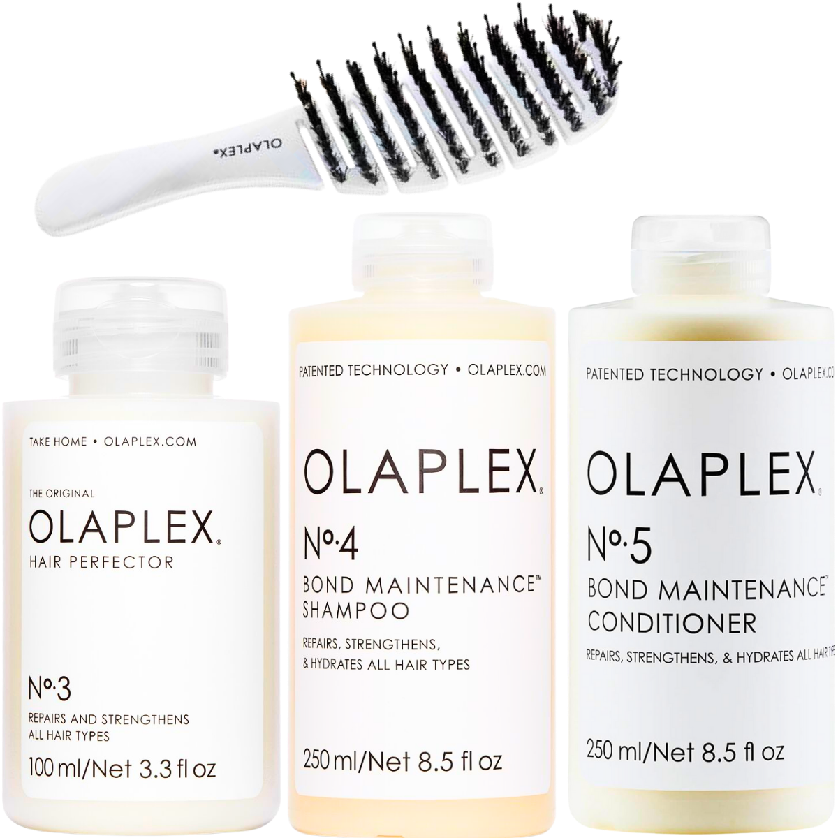 מארזי שי - ערכה מקצועית לשיקום סיב השערה OLAPLEX NO` 3, 4, 5 + מברשת מתנה אולפלקס מאת אולפלקס OLAPLEX | | אידיאלית ל- אולפלקס מארזי שי שיקום שיער | מושלמת ל- {{ product_use_case }}
