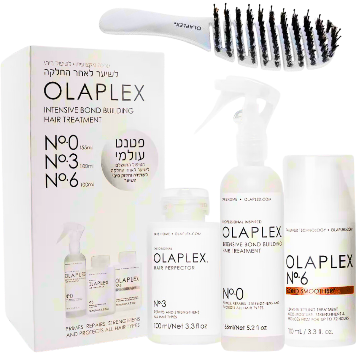 מארזי שי - ערכה מקצועית לשיער לאחר החלקה OLAPLEX לשמירה וחיזוק סיבי השיער NO` 0, 3, 6 + מברשת מתנה אולפלקס מאת אולפלקס OLAPLEX | | אידיאלית ל- אולפלקס מארזי שי שיקום שיער | מושלמת ל- {{ product_use_case }}
