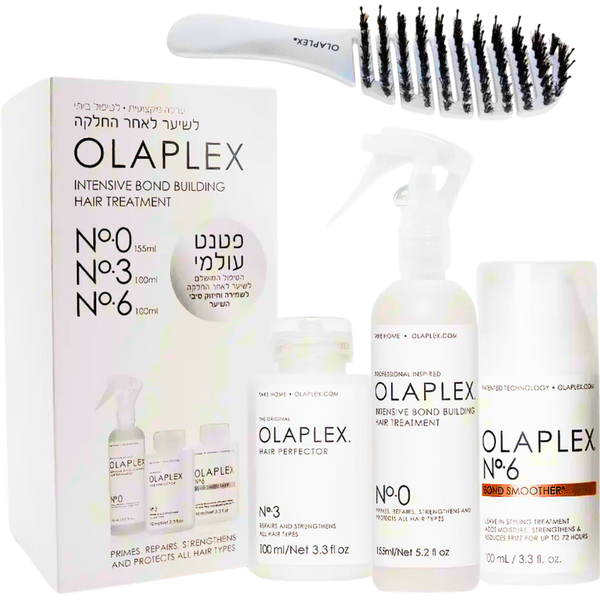 מארזי שי - ערכה מקצועית לשיער לאחר החלקה OLAPLEX לשמירה וחיזוק סיבי השיער NO` 0, 3, 6 + מברשת מתנה אולפלקס מאת אולפלקס OLAPLEX | | אידיאלית ל- אולפלקס מארזי שי שיקום שיער | מושלמת ל- {{ product_use_case }}