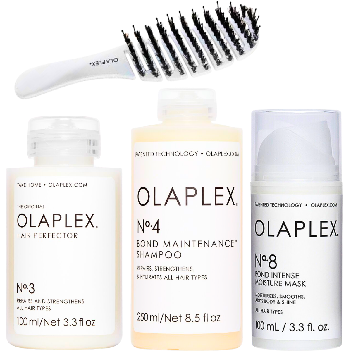 מארזי שי - ערכה מקצועית לכל סוגי השיער OLAPLEX לשמירה וחיזוק סיבי השיער NO` 3, 4, 8 + מברשת מתנה אולפלקס מאת אולפלקס OLAPLEX | | אידיאלית ל- אולפלקס מארזי שי שיקום שיער | מושלמת ל- {{ product_use_case }}