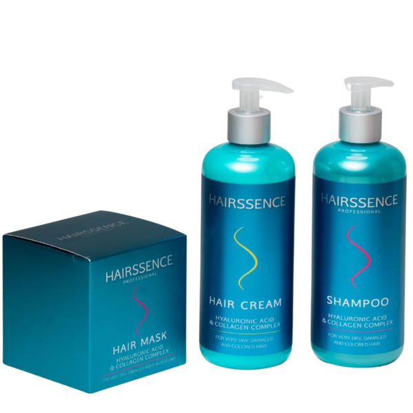 מארזי שי - מארז חגיגי HAIRSSENCE חומצה היאלורונית וקולגן שמפו+ מסכה+ קרם לשיער יבש, פגום וצבוע היירסנס מאת היירסנס Hairssence | | אידיאלית ל- הגנה מהשמש היירסנס מסכה לשיער קרם קרם לחות לשיער שמפו לשיער | מושלמת ל- {{ product_use_case }}