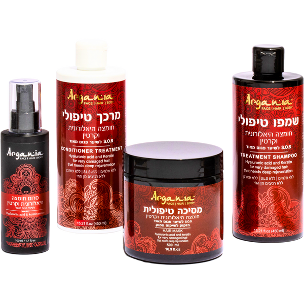 מארזי שי - מארז ARGANIA חומצה היאלורונית וקרטין שמפו, מרכך, מסכה וסרום לשיער פגום מאוד ארגניה מאת ארגניה ARGANIA | | אידיאלית ל- ארגניה מארזי שי | מושלמת ל- {{ product_use_case }}